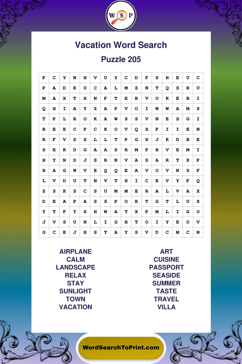 Vacation Word Search Puzzle 205