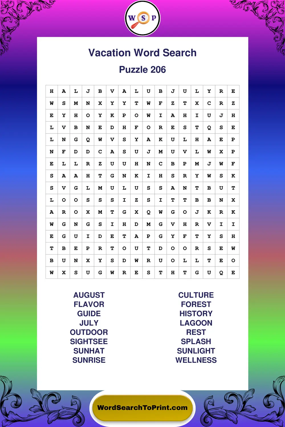 Vacation Word Search Puzzle 206