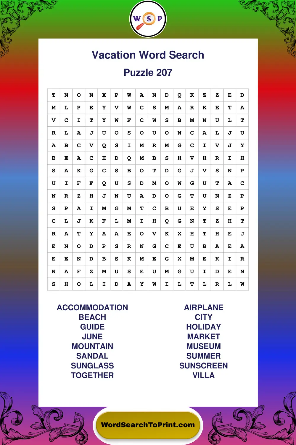 Vacation Word Search Puzzle 207
