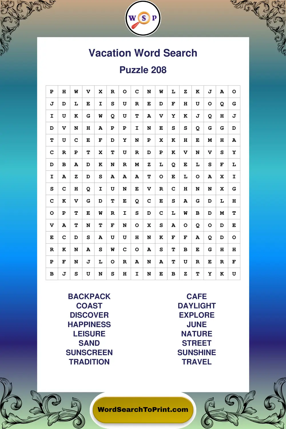 Vacation Word Search Puzzle 208