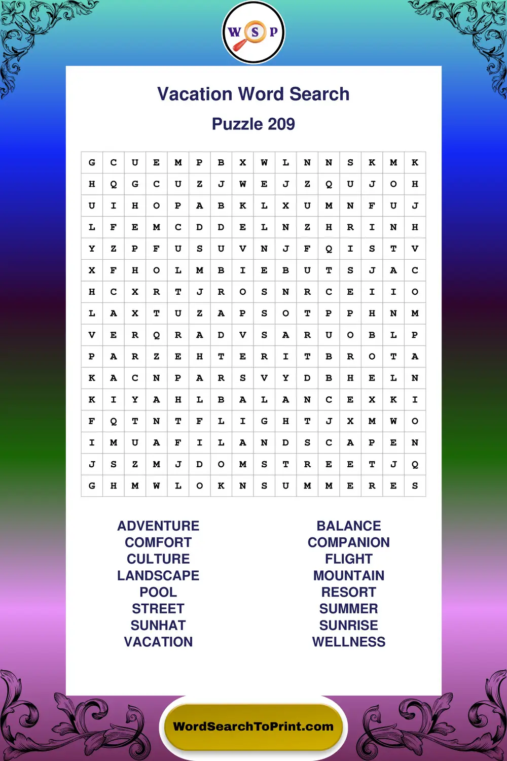 Vacation Word Search Puzzle 209