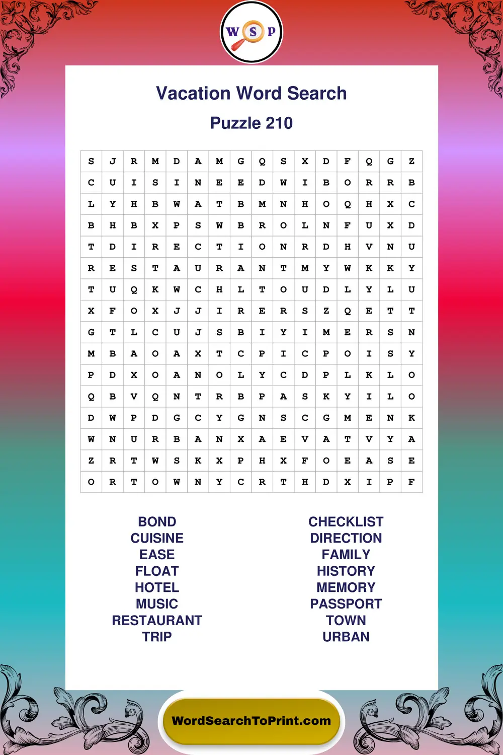 Vacation Word Search Puzzle 210