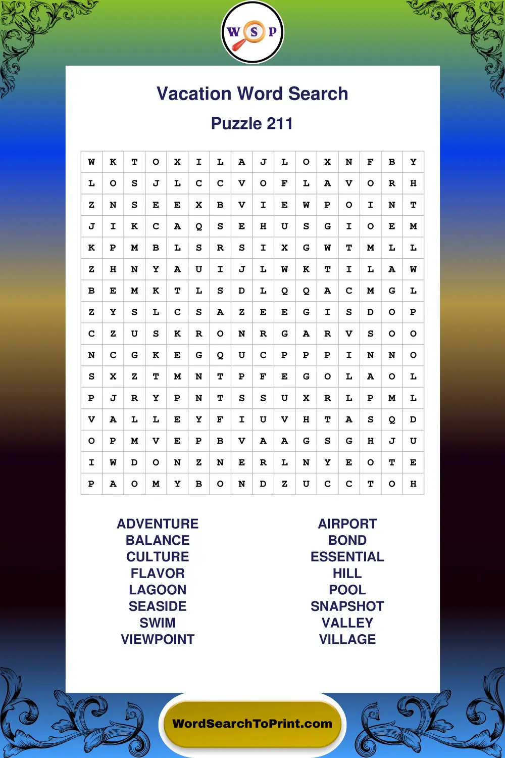 Vacation Word Search Puzzle 211