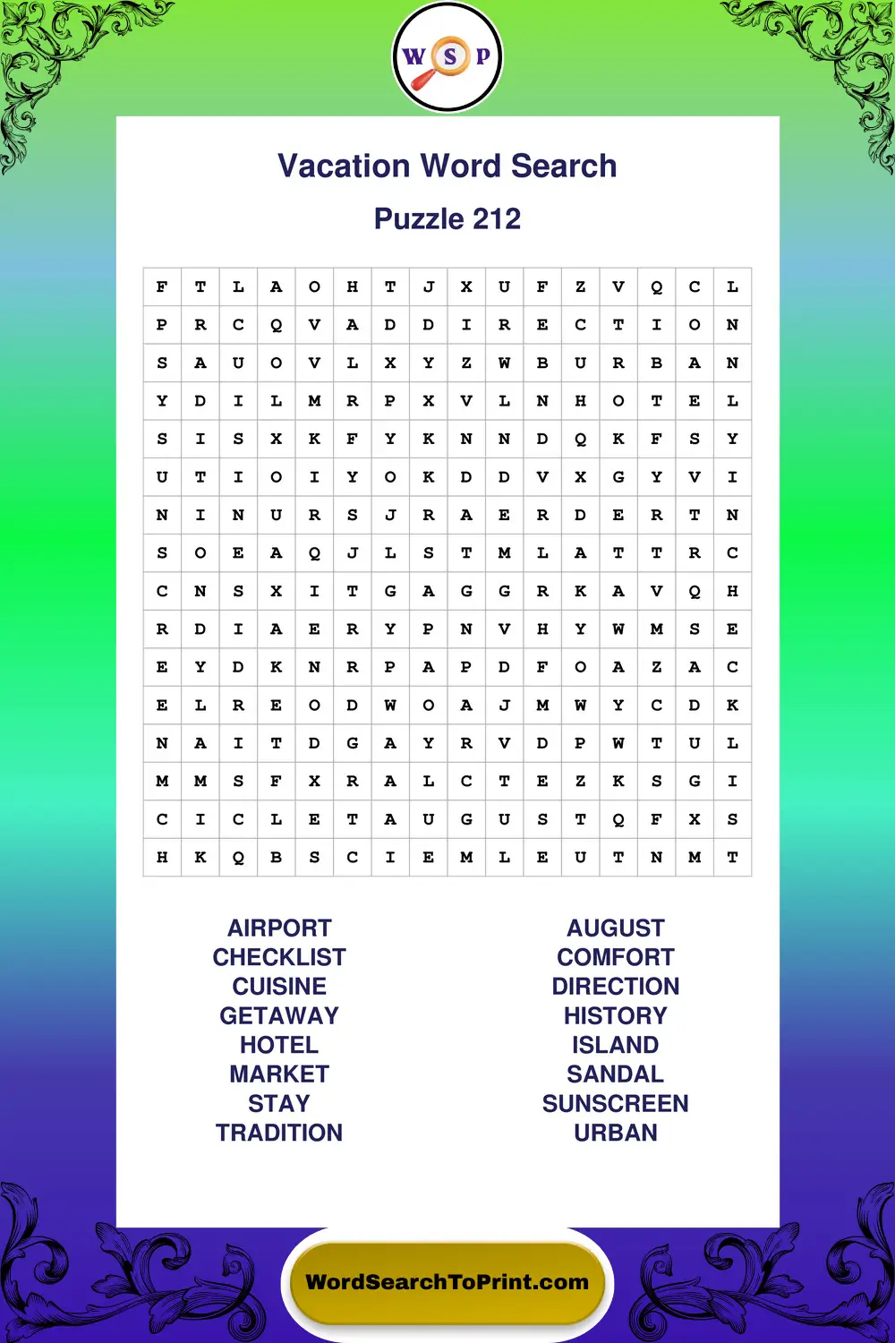 Vacation Word Search Puzzle 212