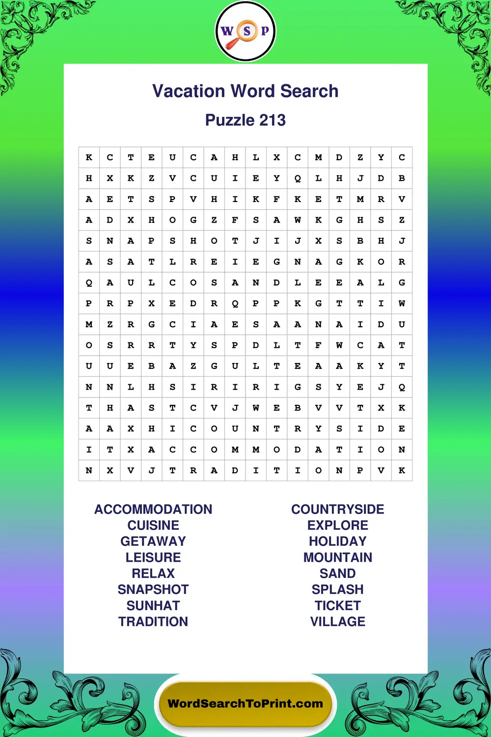 Vacation Word Search Puzzle 213