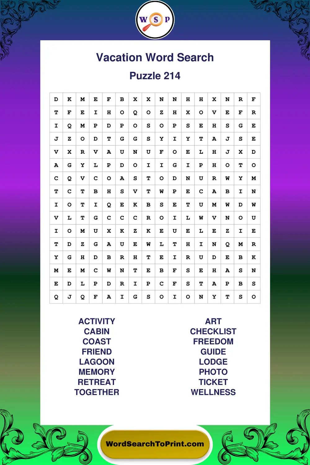 Vacation Word Search Puzzle 214