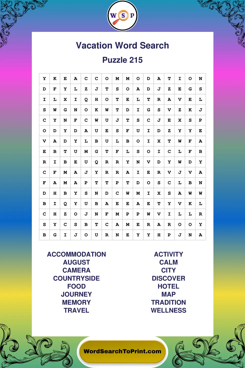 Vacation Word Search Puzzle 215
