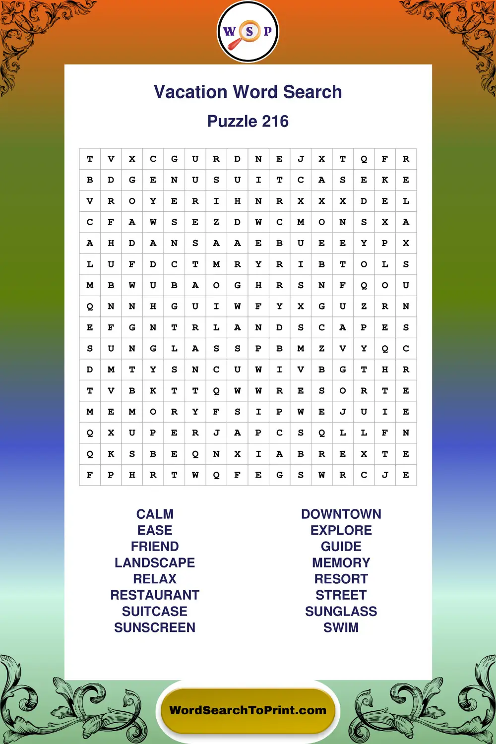 Vacation Word Search Puzzle 216