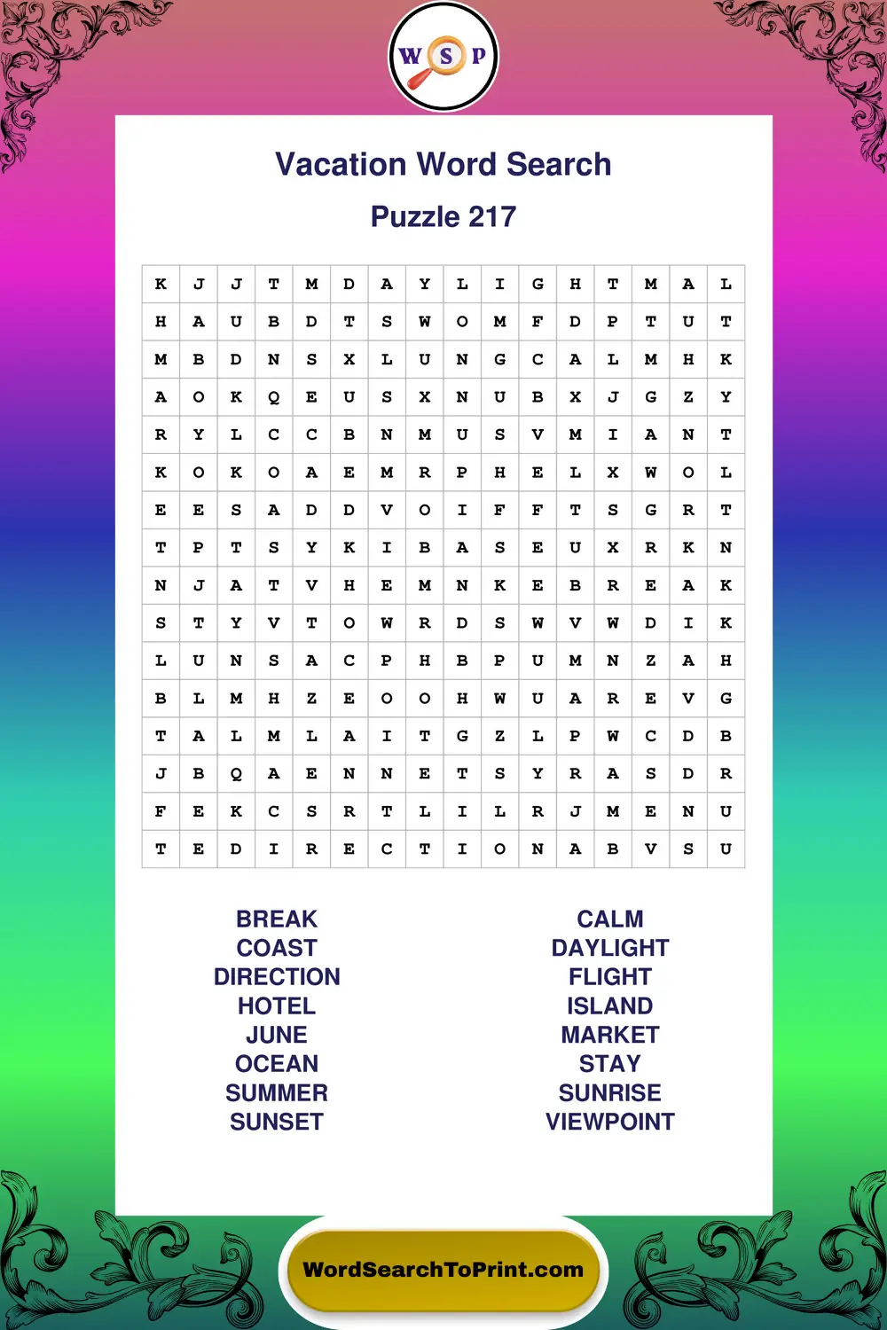 Vacation Word Search Puzzle 217