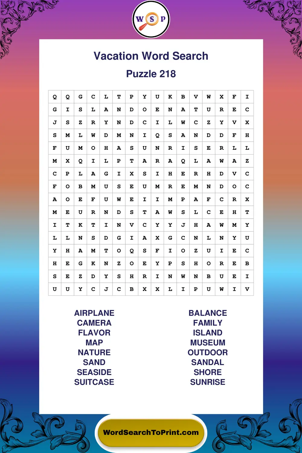 Vacation Word Search Puzzle 218