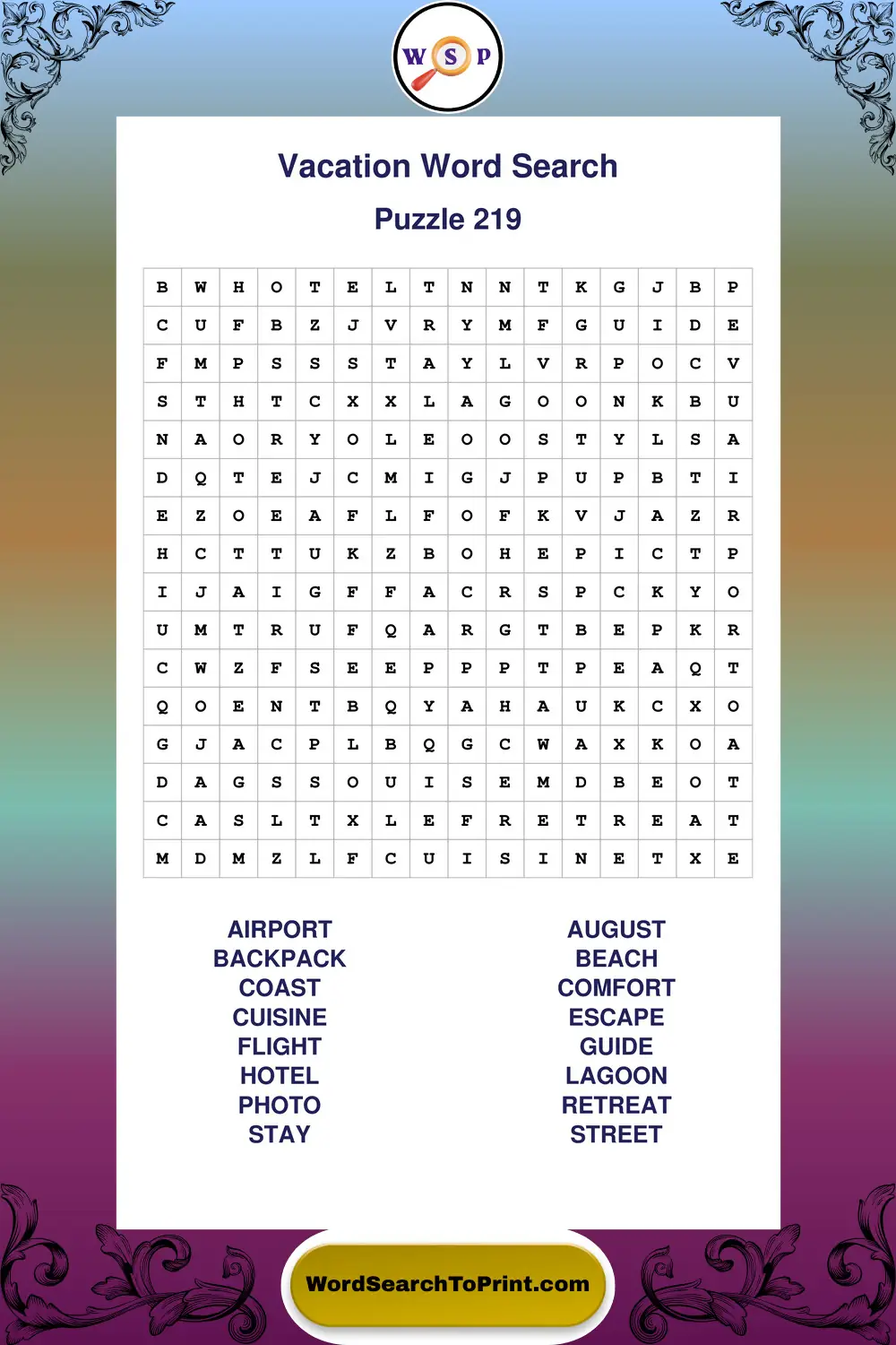 Vacation Word Search Puzzle 219
