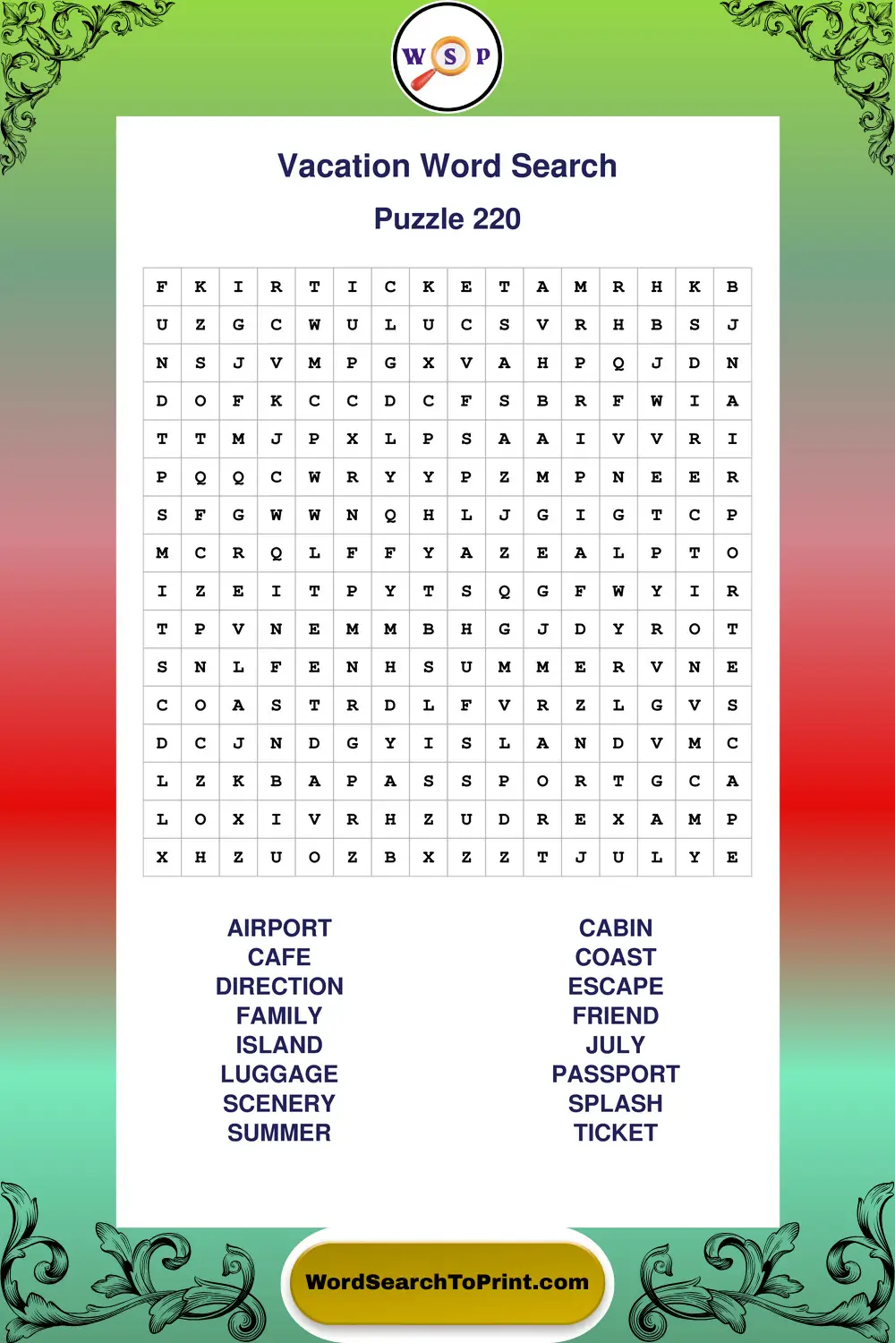 Vacation Word Search Puzzle 220