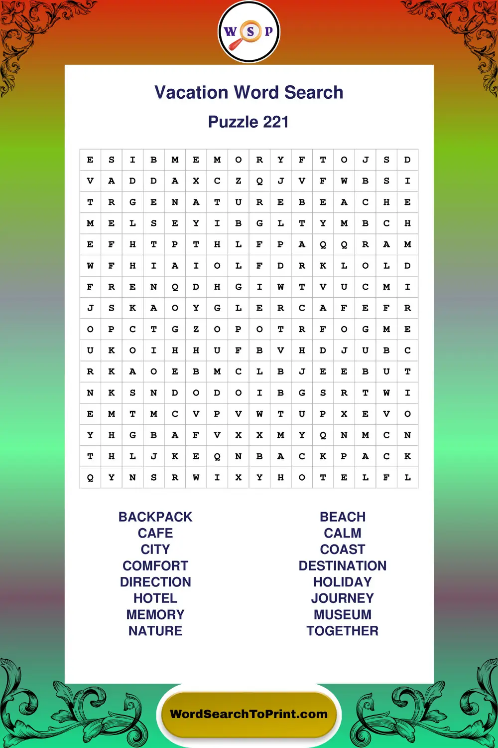 Vacation Word Search Puzzle 221