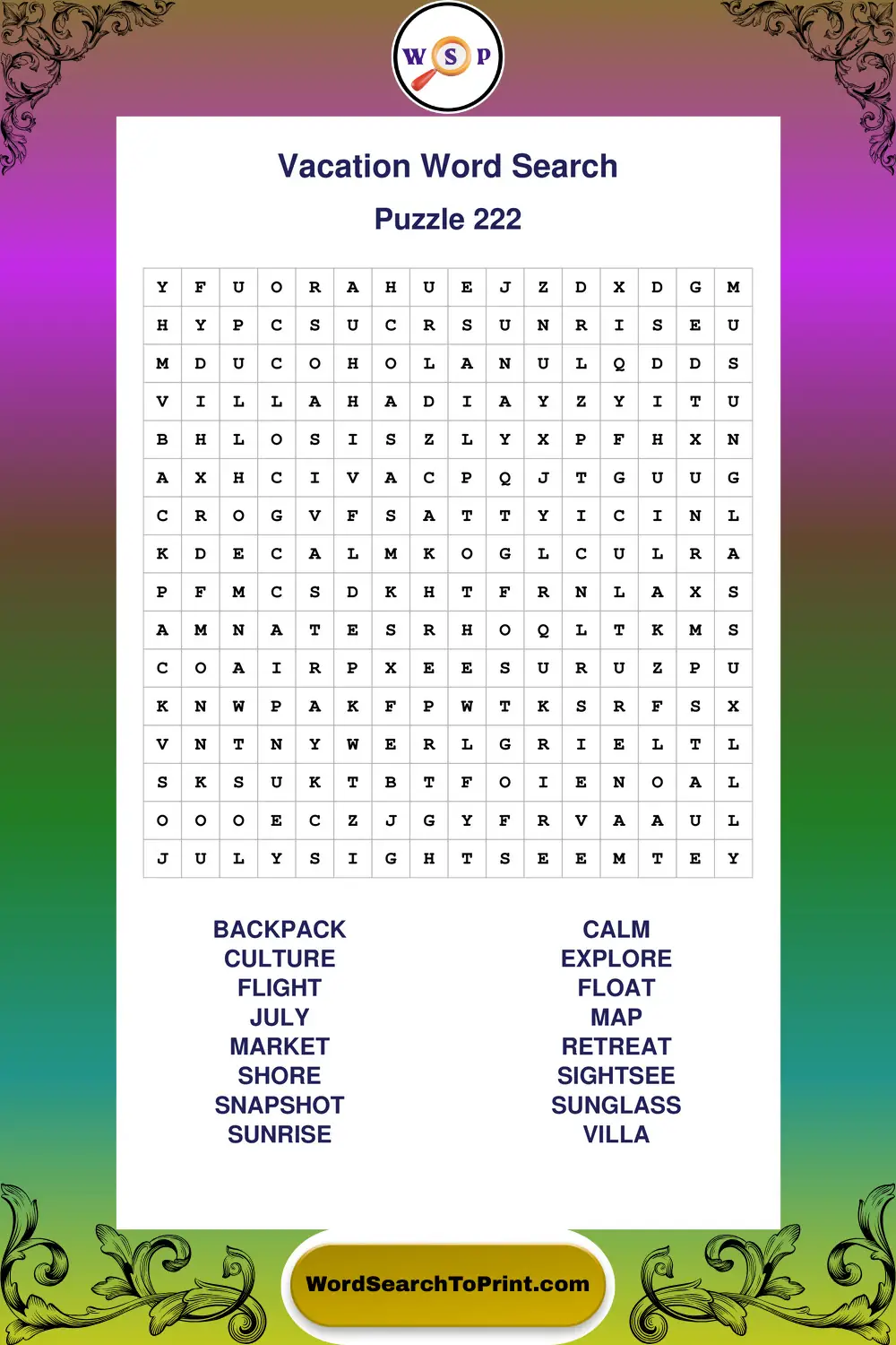 Vacation Word Search Puzzle 222