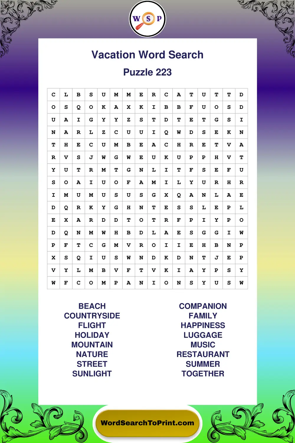 Vacation Word Search Puzzle 223
