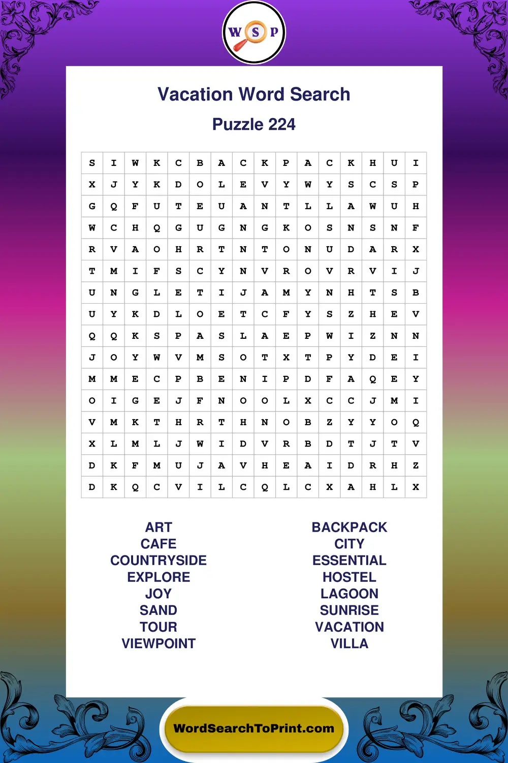 Vacation Word Search Puzzle 224