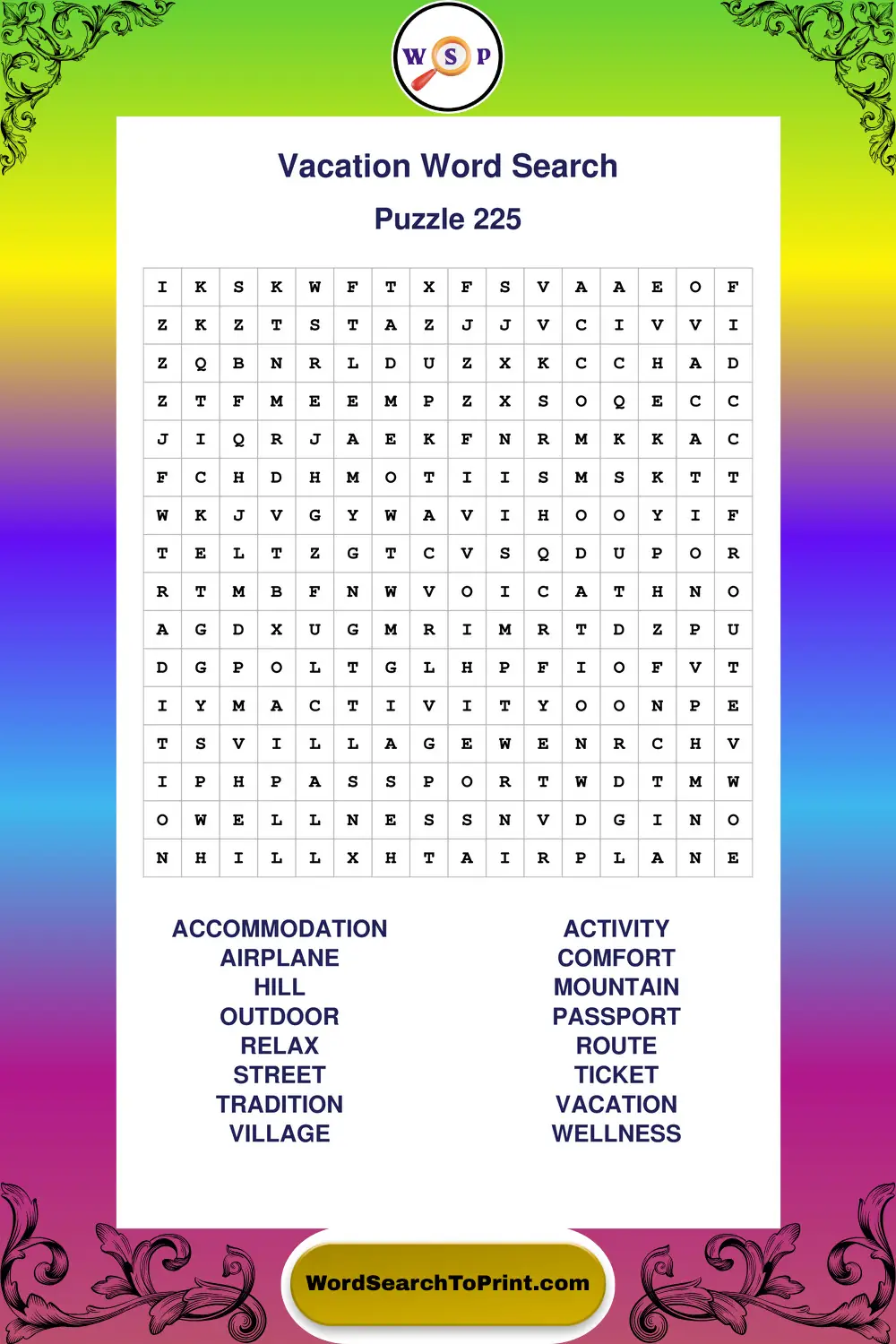 Vacation Word Search Puzzle 225
