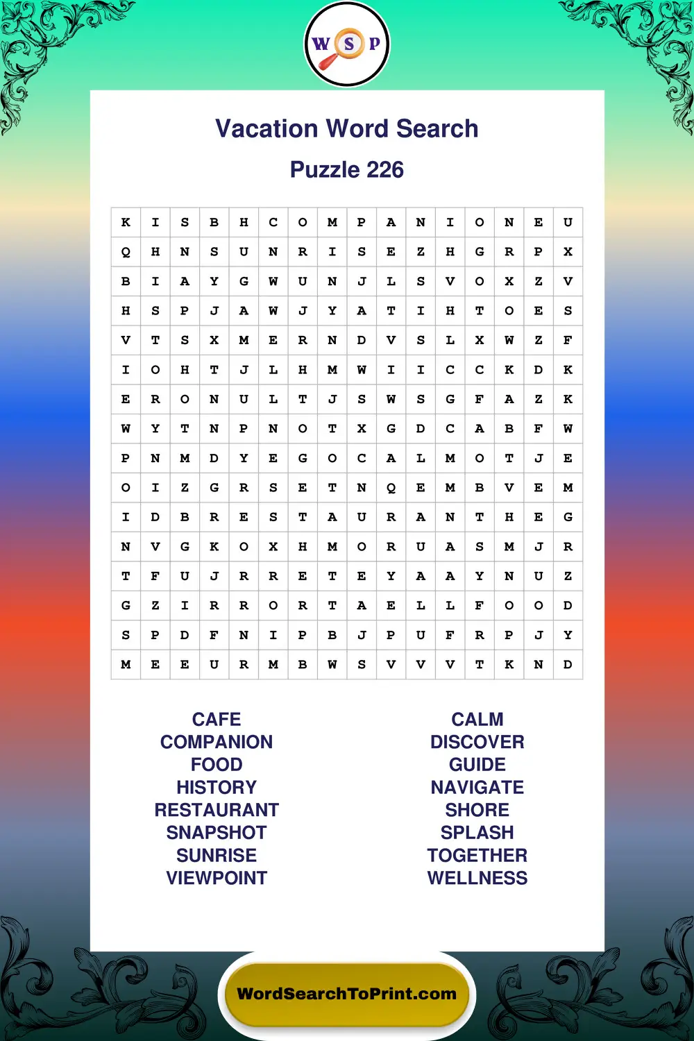 Vacation Word Search Puzzle 226
