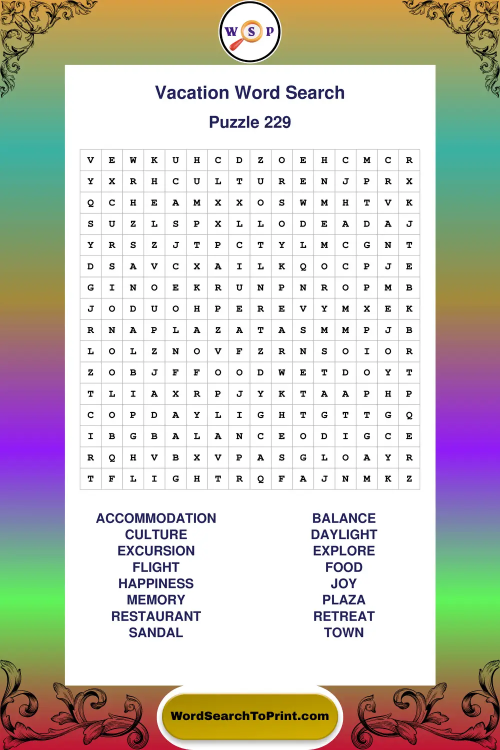 Vacation Word Search Puzzle 229