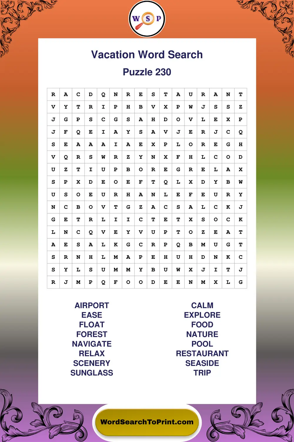 Vacation Word Search Puzzle 230