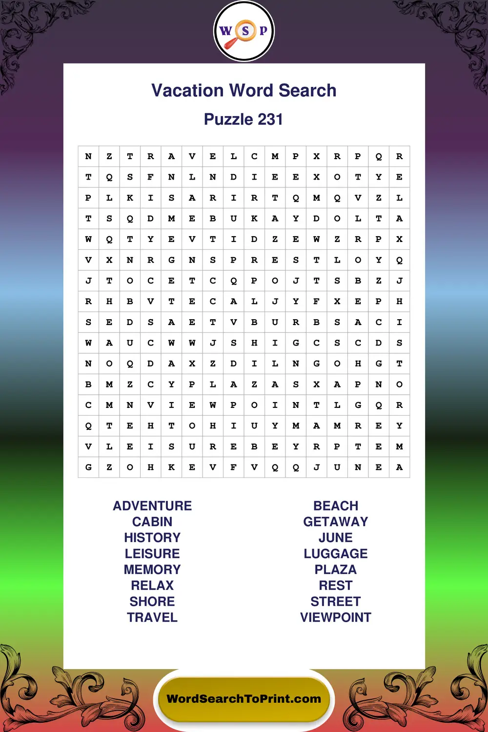 Vacation Word Search Puzzle 231
