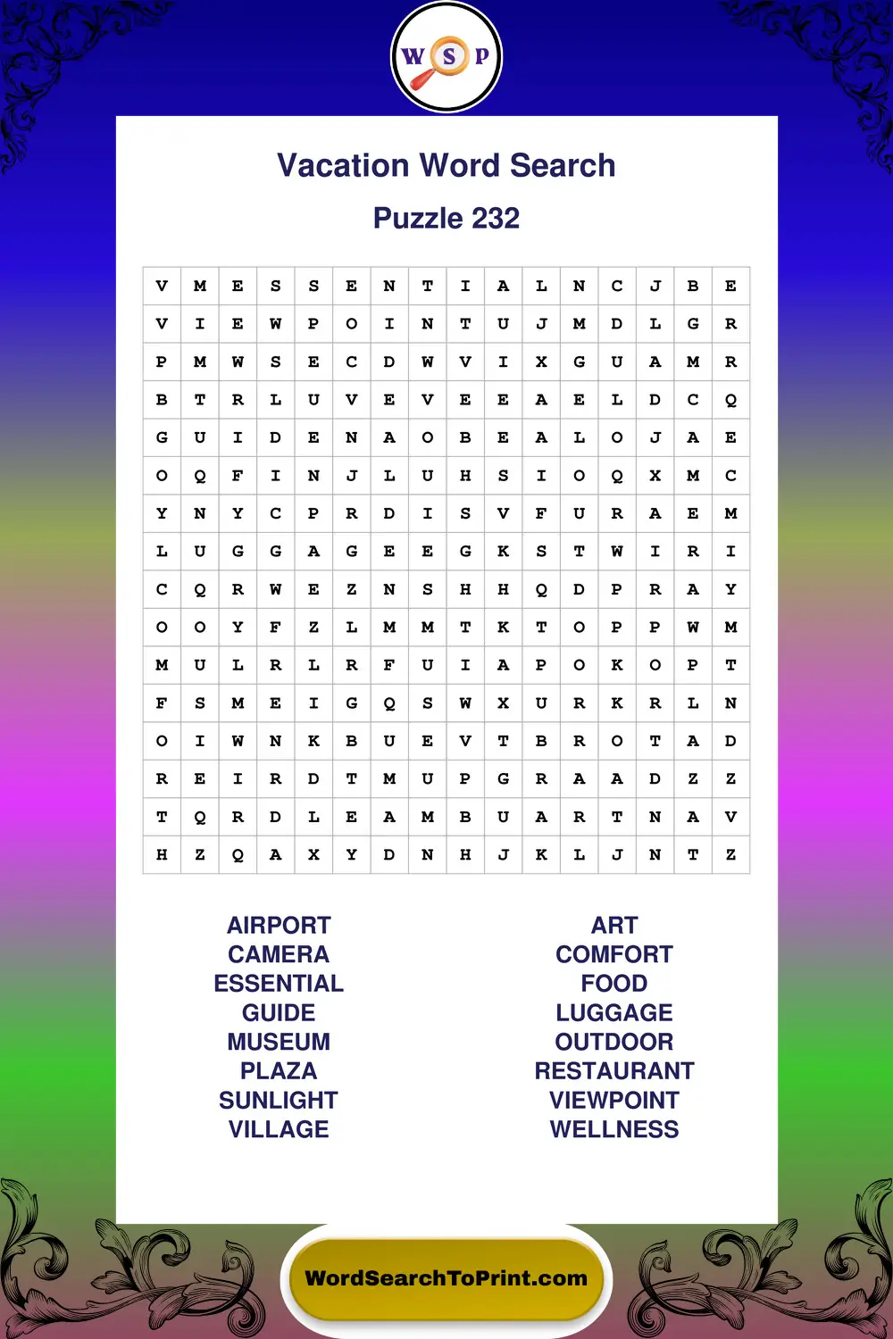 Vacation Word Search Puzzle 232