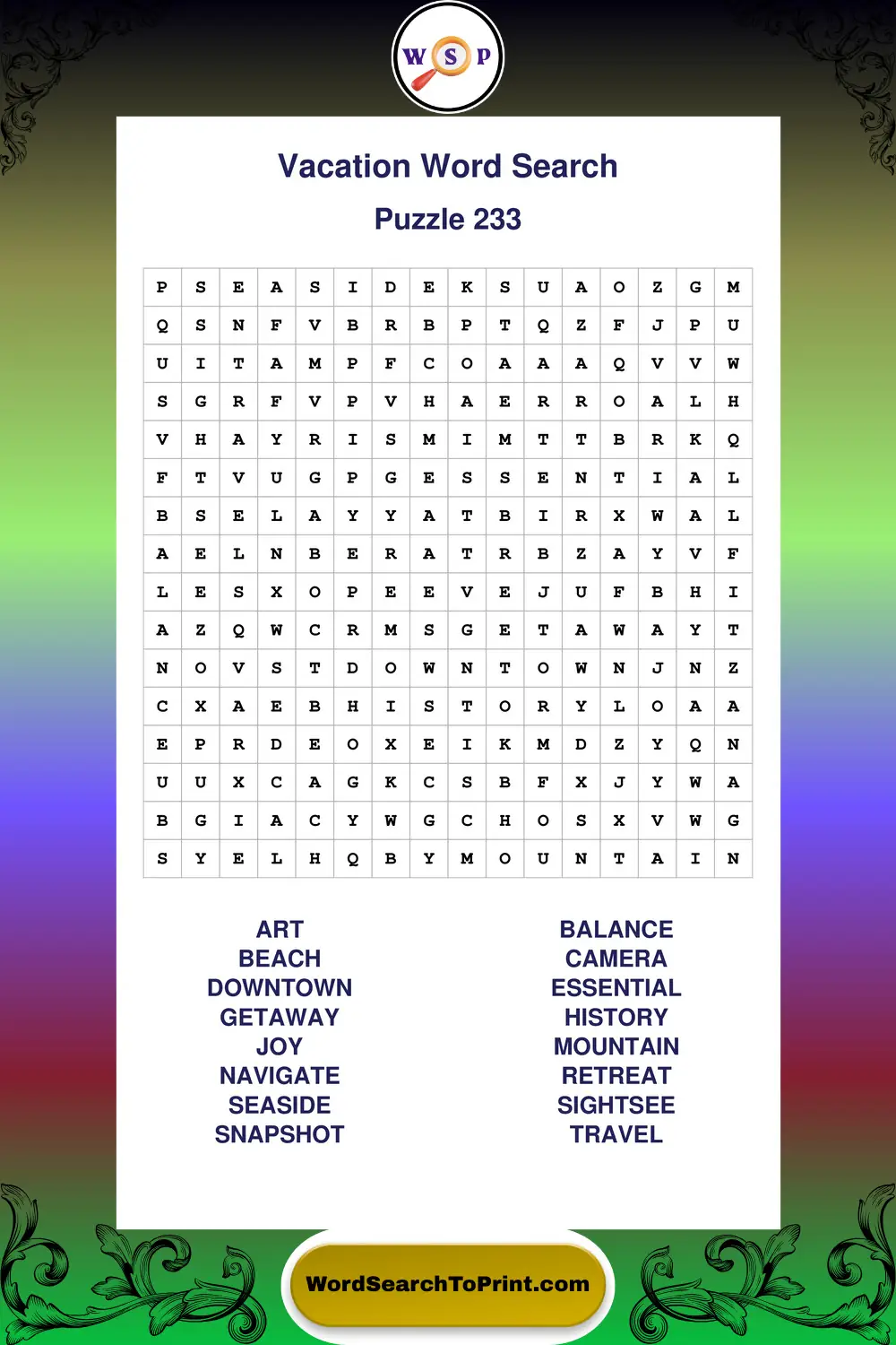 Vacation Word Search Puzzle 233