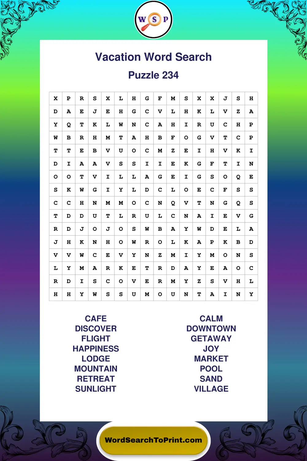 Vacation Word Search Puzzle 234