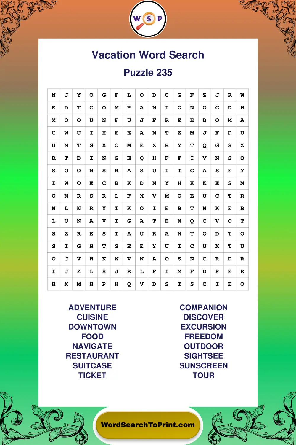Vacation Word Search Puzzle 235