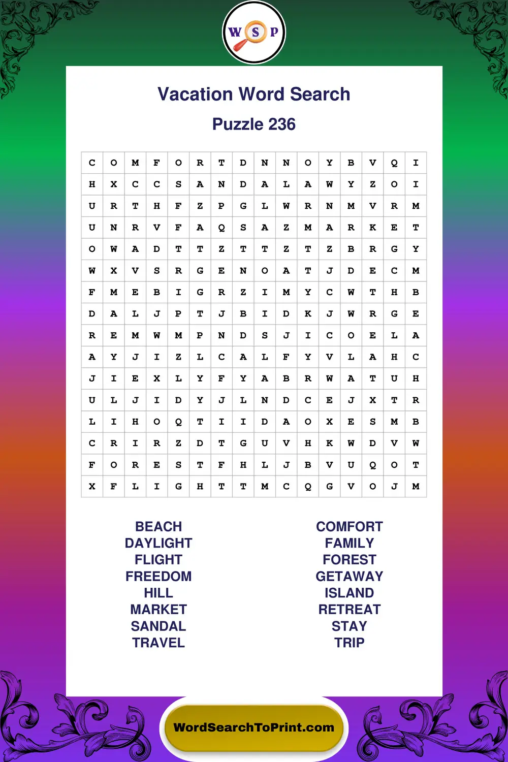 Vacation Word Search Puzzle 236