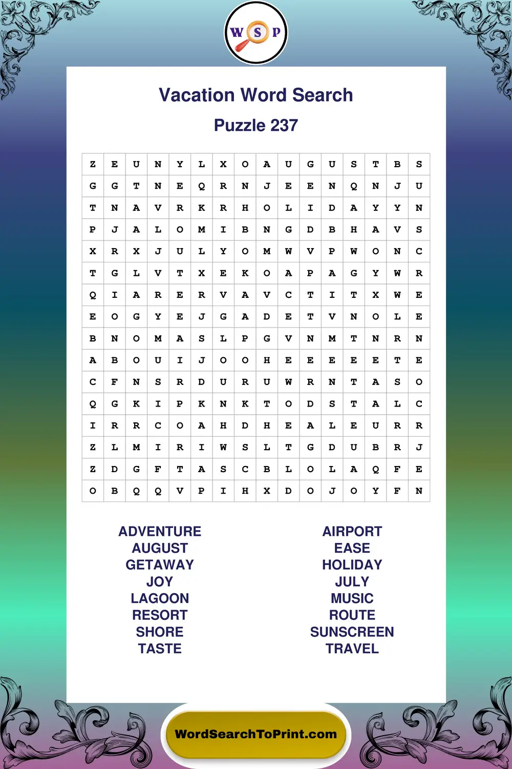 Vacation Word Search Puzzle 237