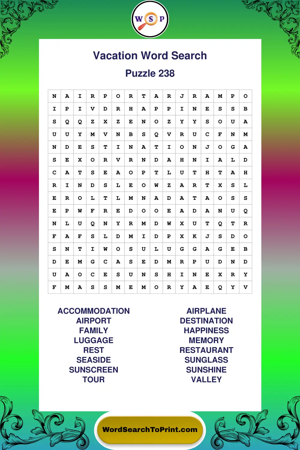 Vacation Word Search Puzzle 238