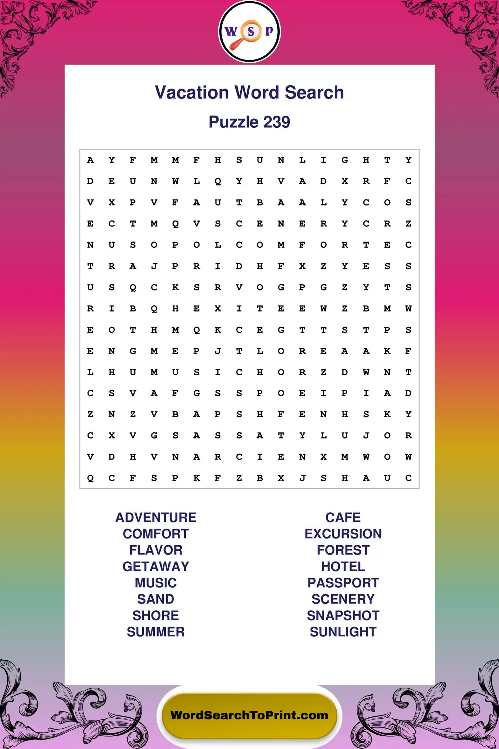 Vacation Word Search Puzzle 239