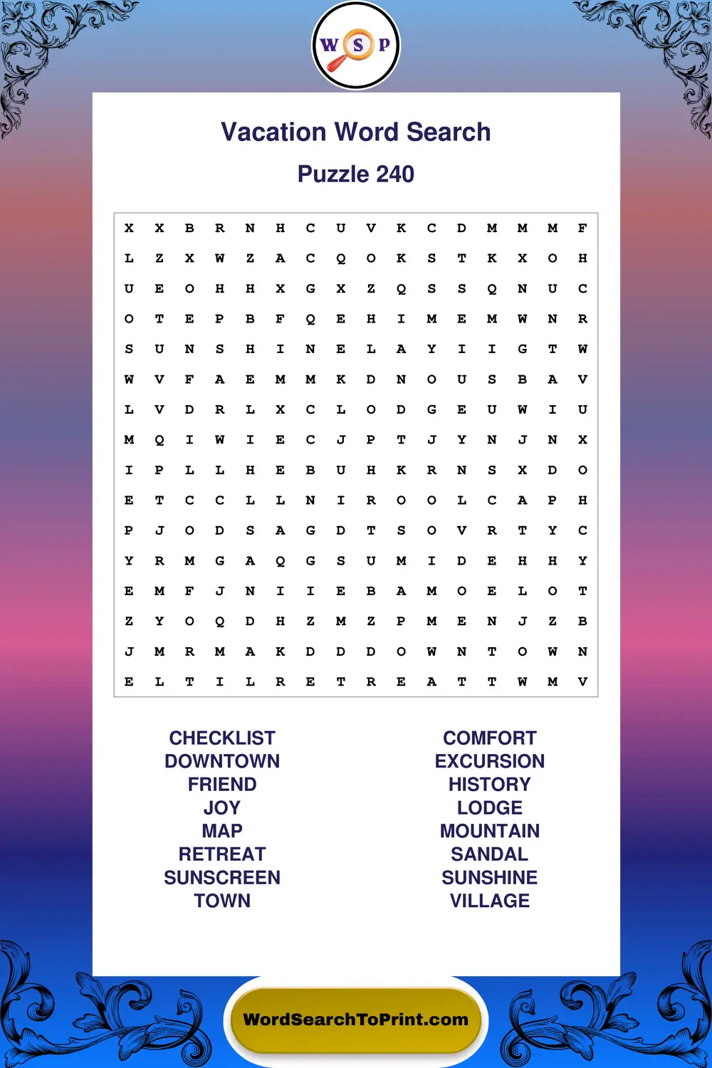 Vacation Word Search Puzzle 240