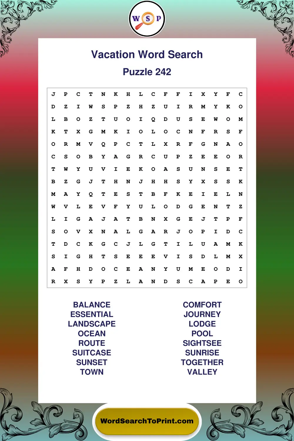 Vacation Word Search Puzzle 242
