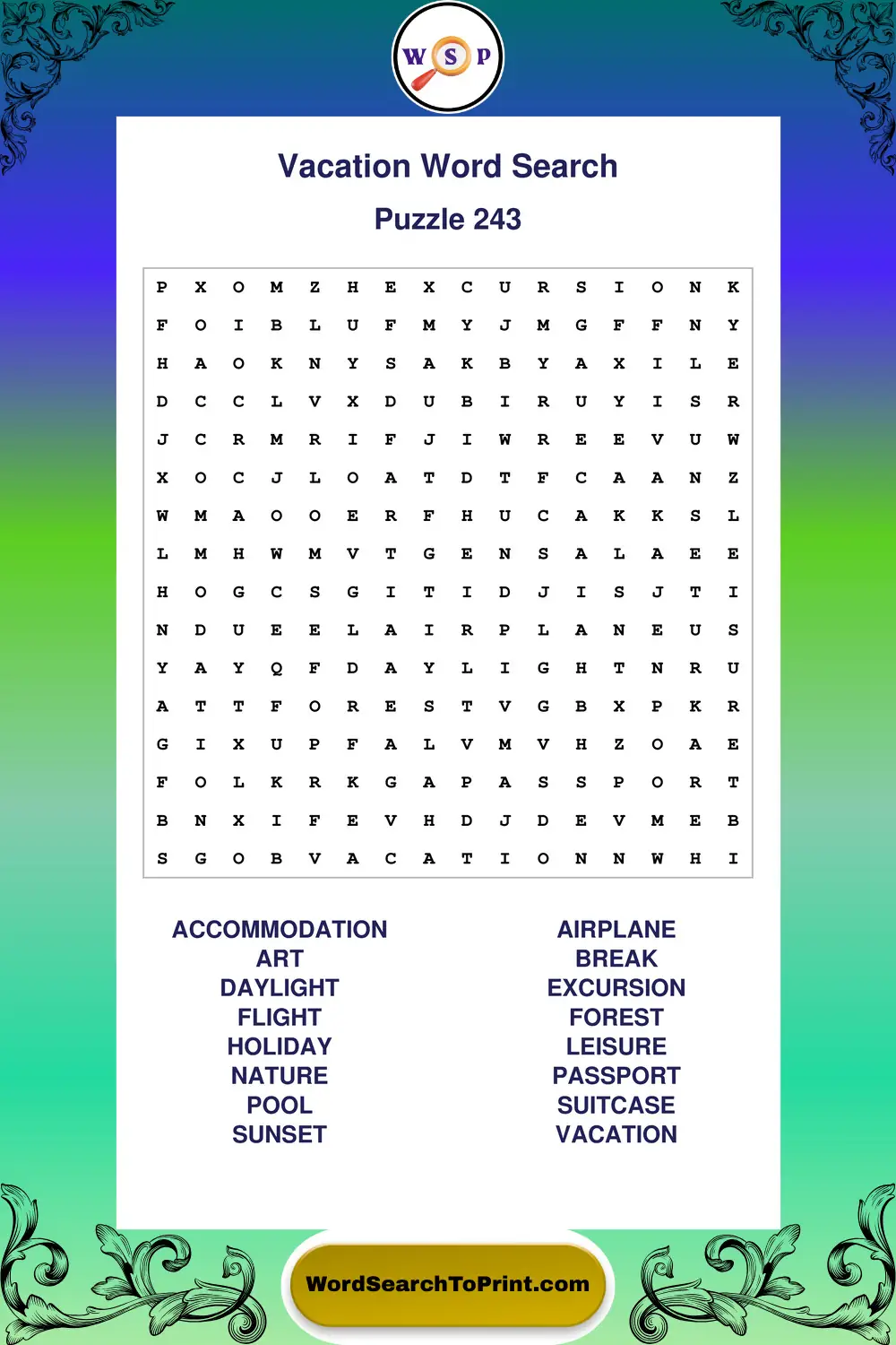 Vacation Word Search Puzzle 243