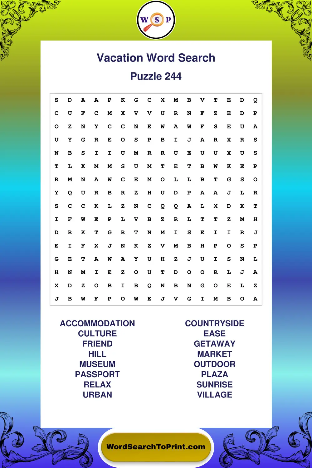 Vacation Word Search Puzzle 244