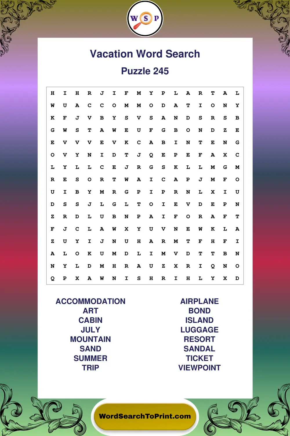 Vacation Word Search Puzzle 245