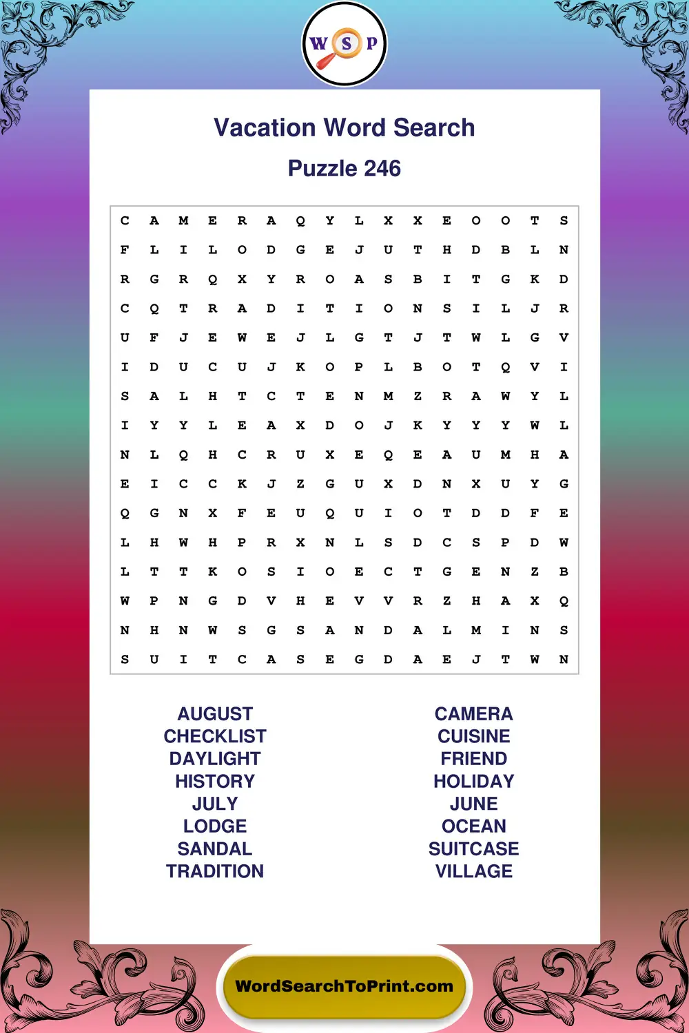 Vacation Word Search Puzzle 246
