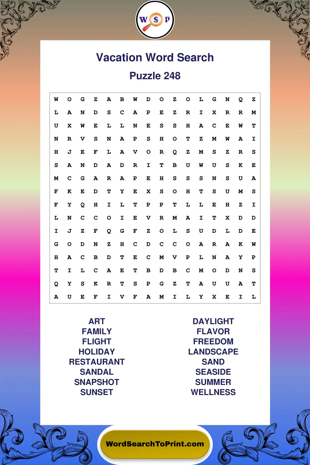 Vacation Word Search Puzzle 248