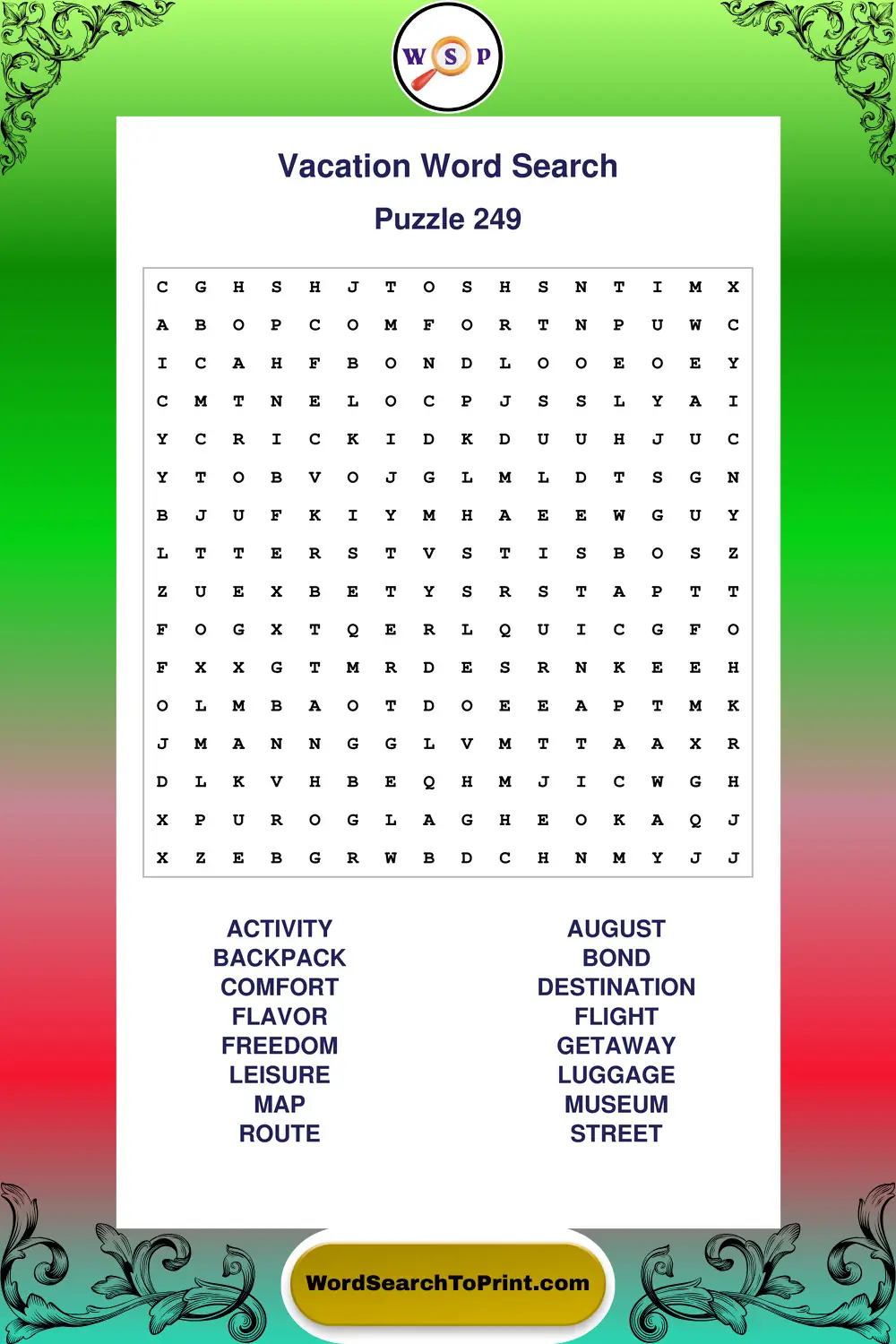 Vacation Word Search Puzzle 249