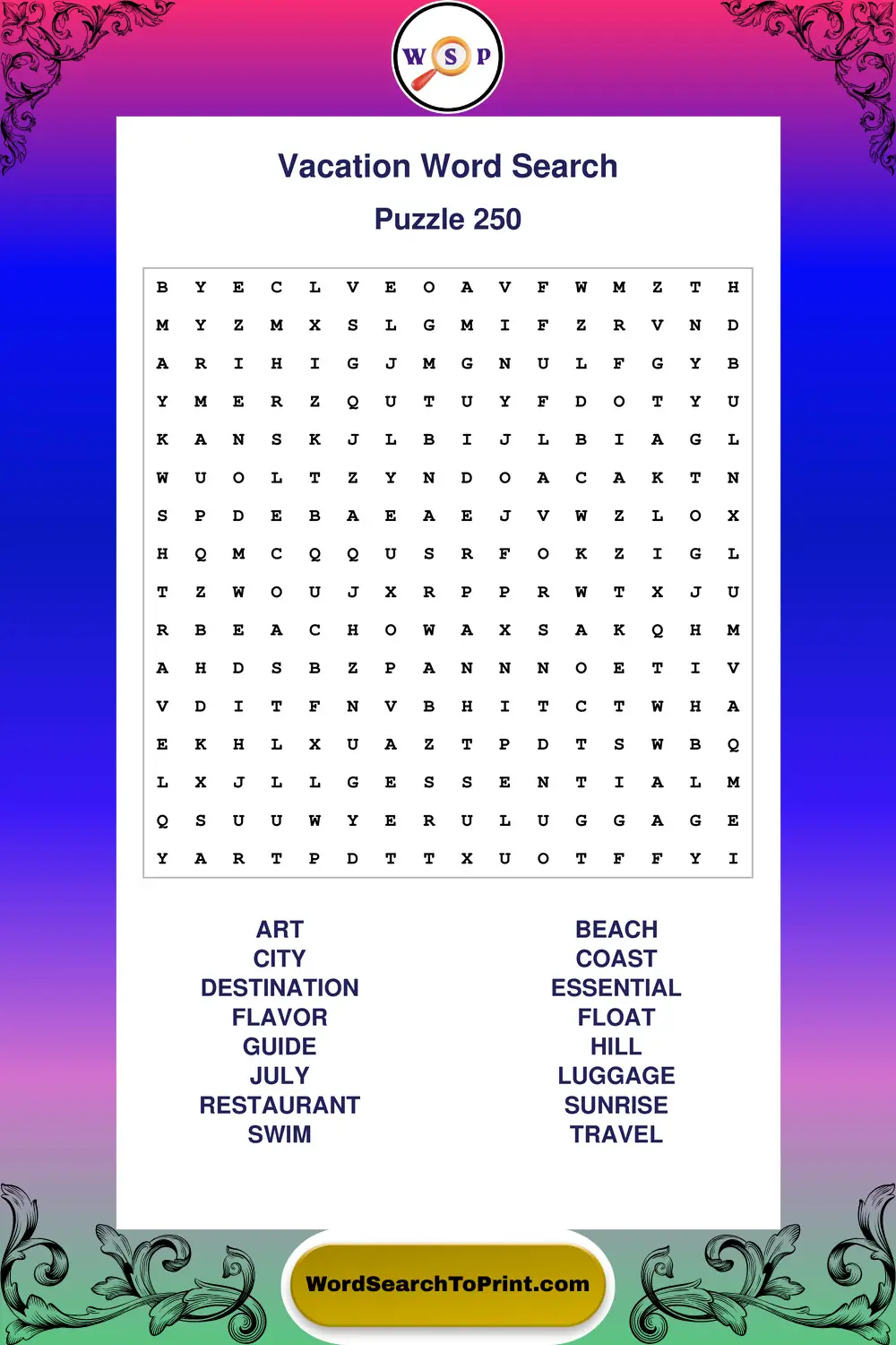 Vacation Word Search Puzzle 250