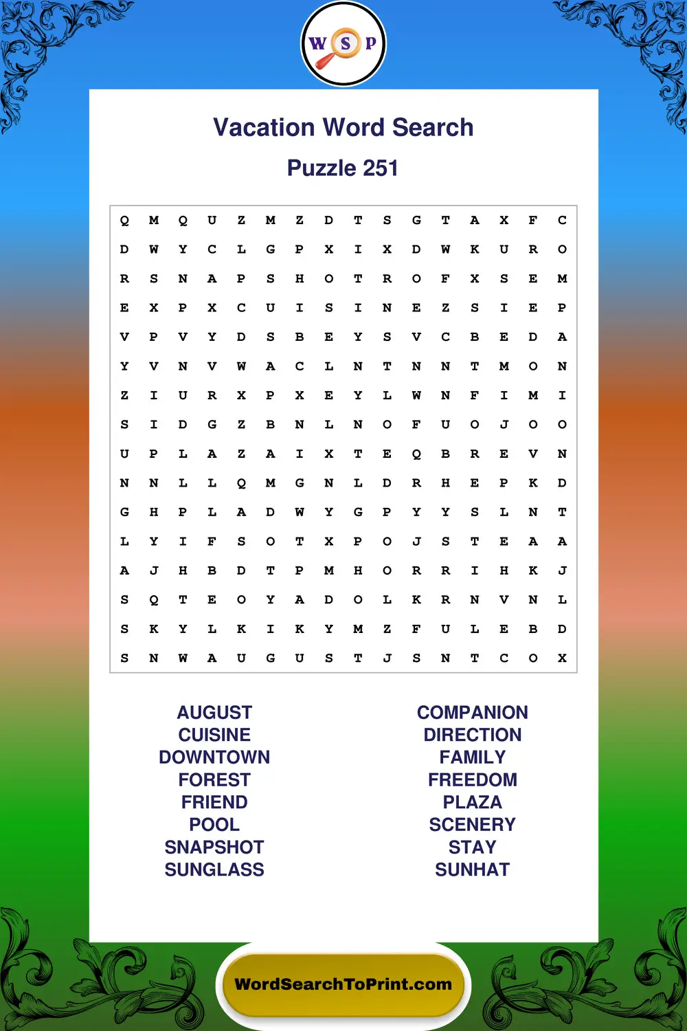 Vacation Word Search Puzzle 251