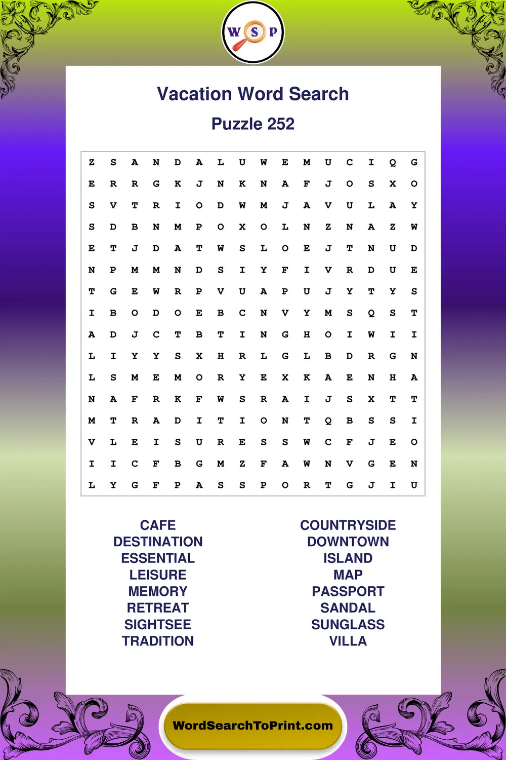 Vacation Word Search Puzzle 252