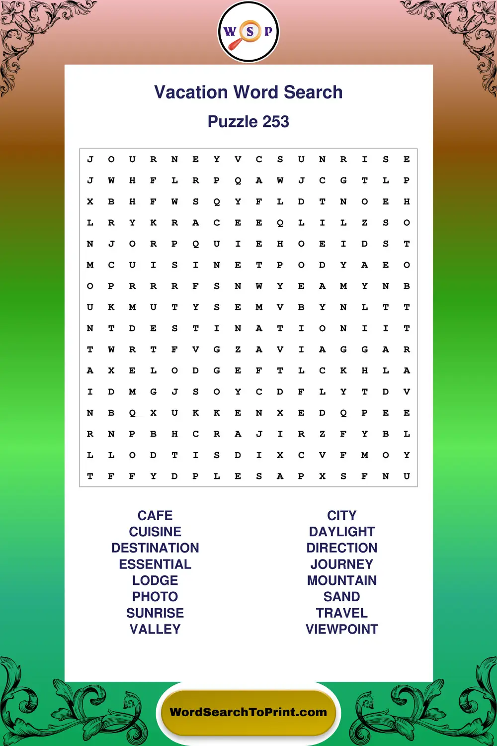 Vacation Word Search Puzzle 253