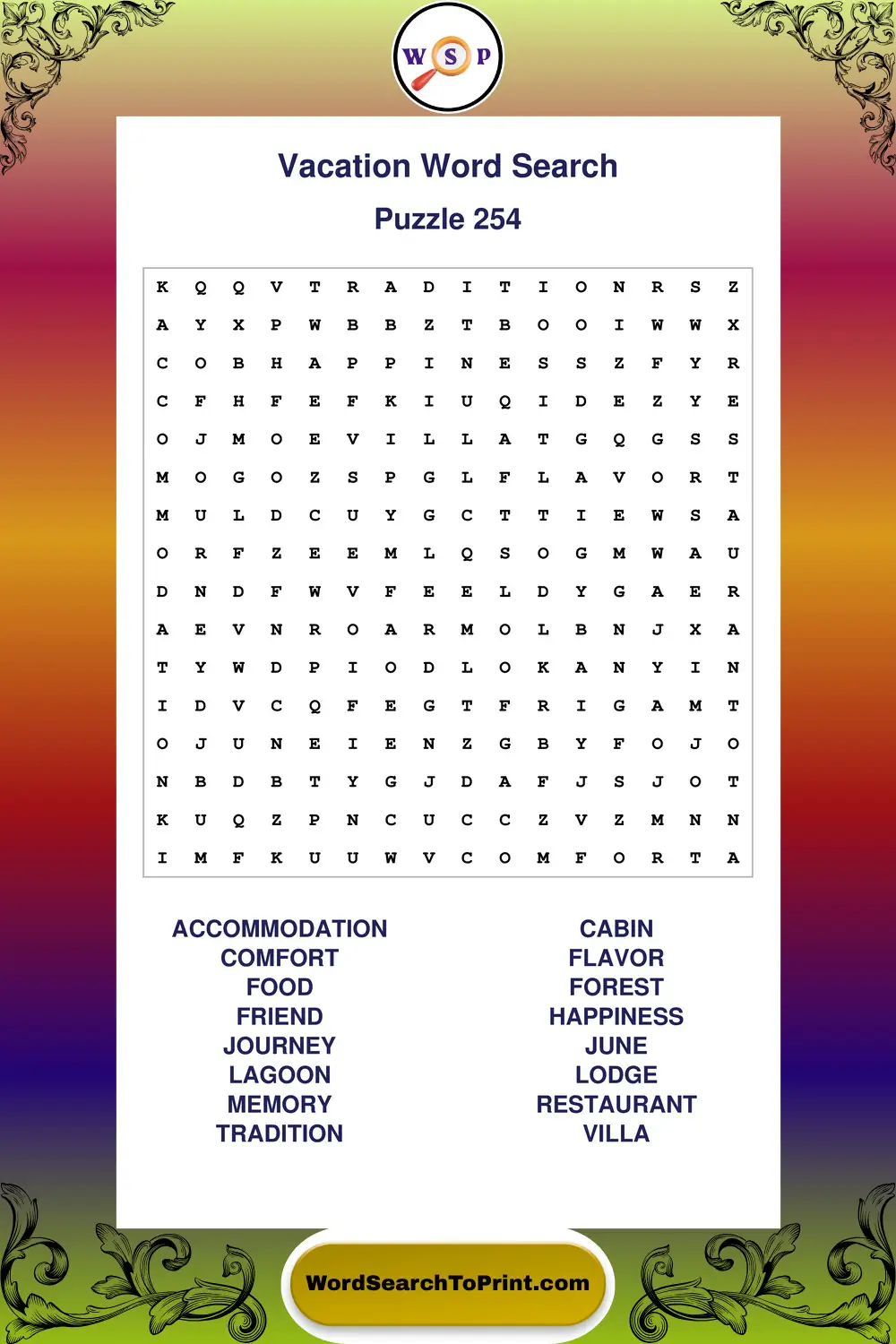 Vacation Word Search Puzzle 254