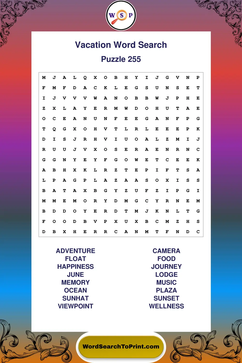Vacation Word Search Puzzle 255