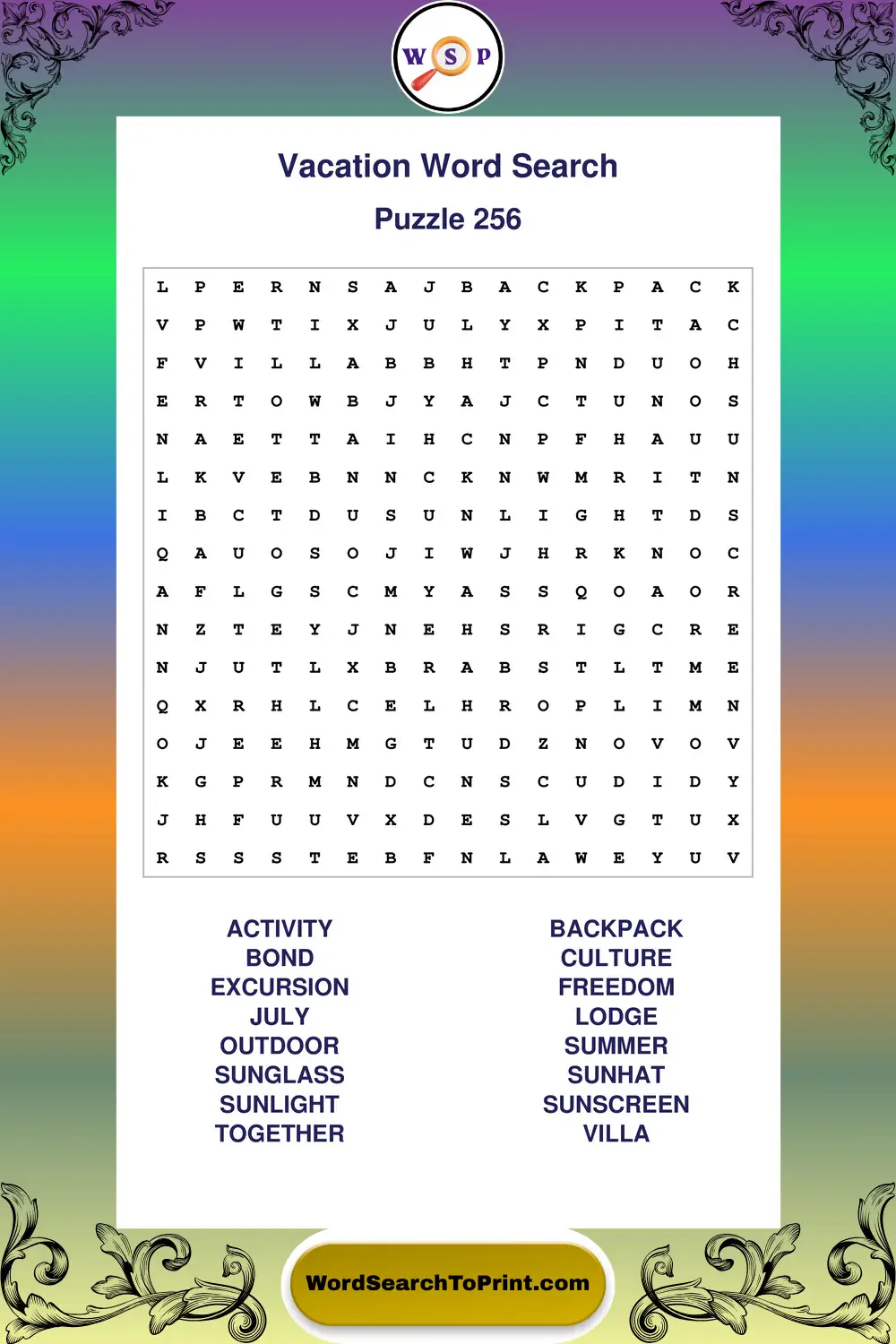 Vacation Word Search Puzzle 256