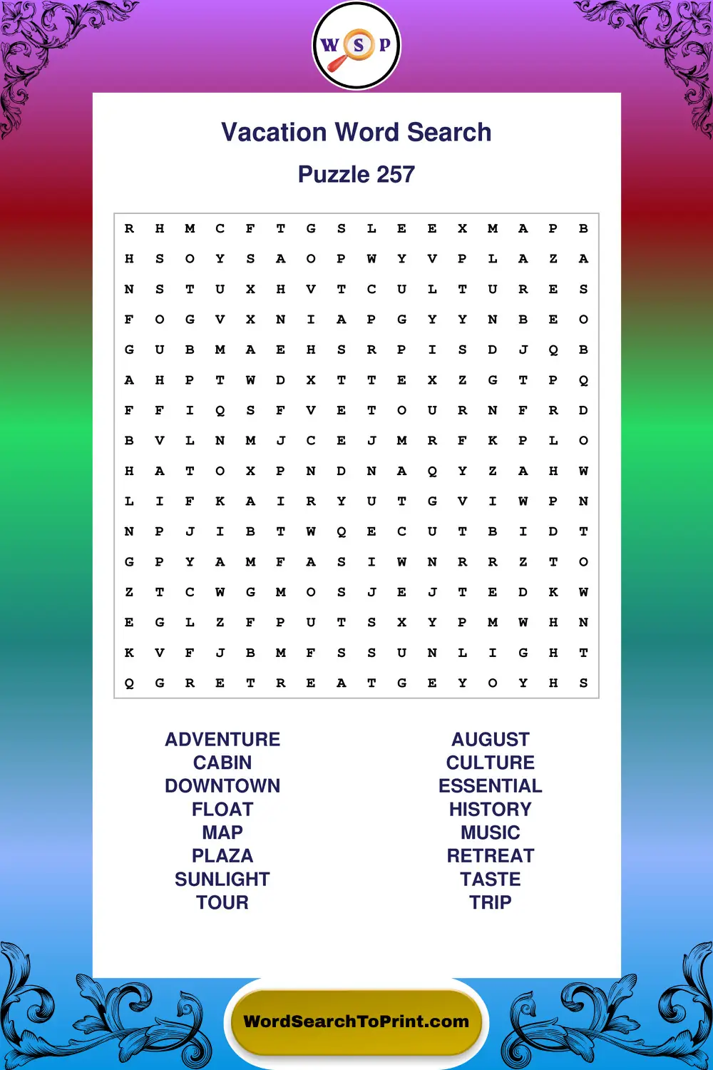 Vacation Word Search Puzzle 257