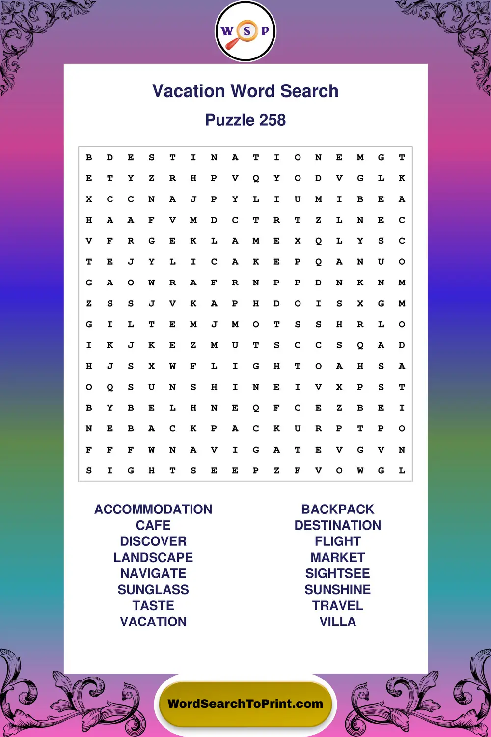 Vacation Word Search Puzzle 258